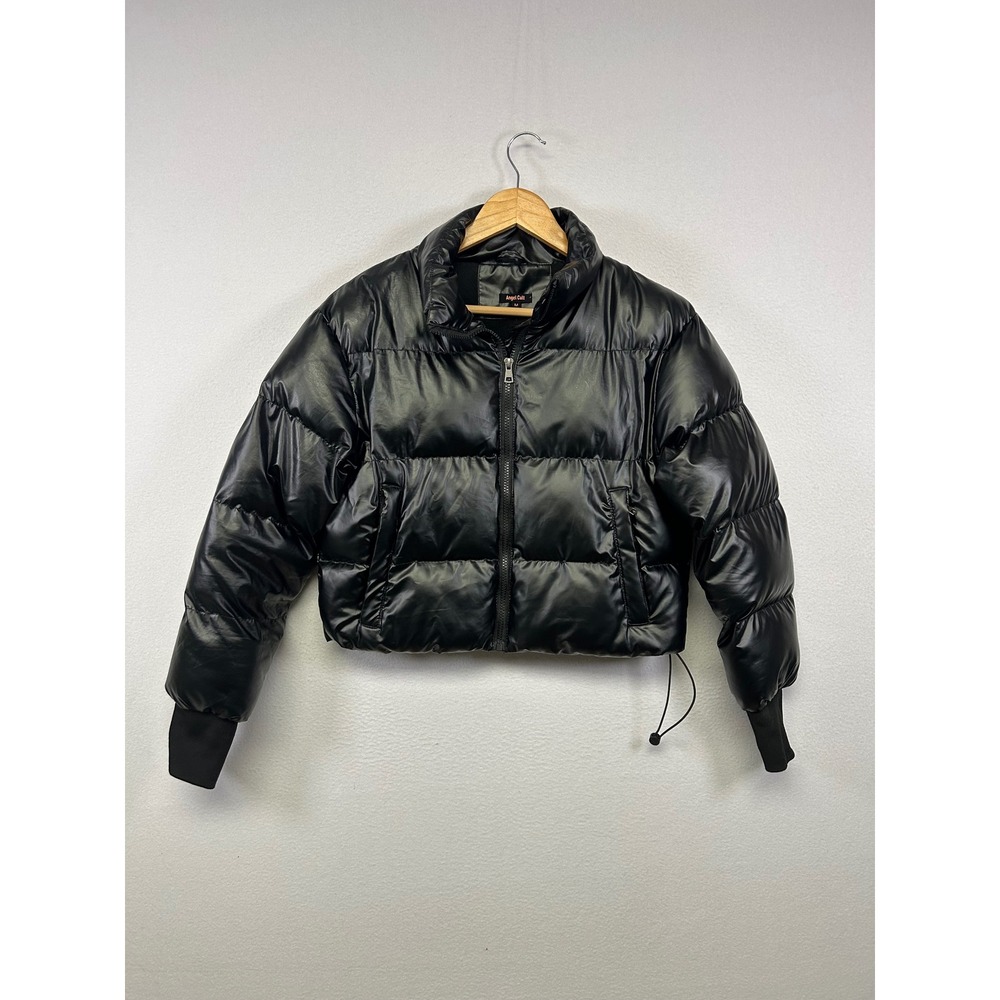 Streetwear Angel Cult Womens Medium Black Cropped High-Shine Fleece-Lined Puffer